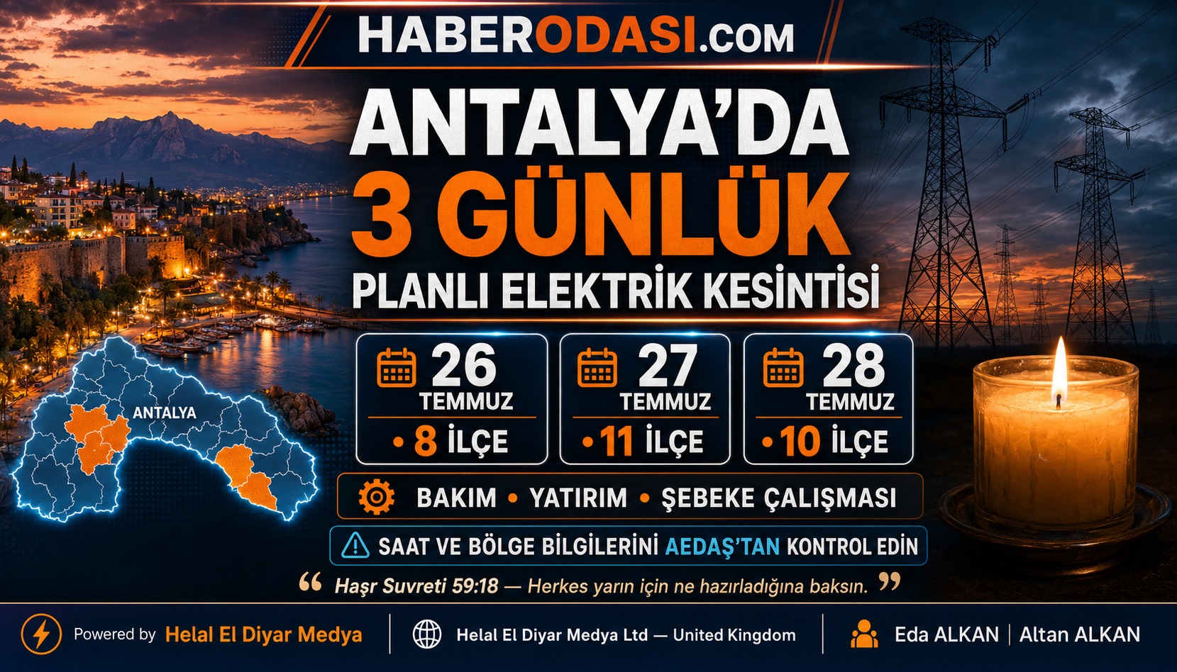 Antalya’da 3 Günlük Planlı Elektrik Kesintisi