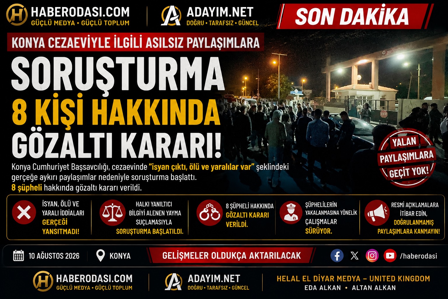 🚨 SON DAKİKA | KONYA CEZAEVİYLE İLGİLİ ASILSIZ PAYLAŞIMLARA SORUŞTURMA: 8 KİŞİ HAKKINDA GÖZALTI KARARI