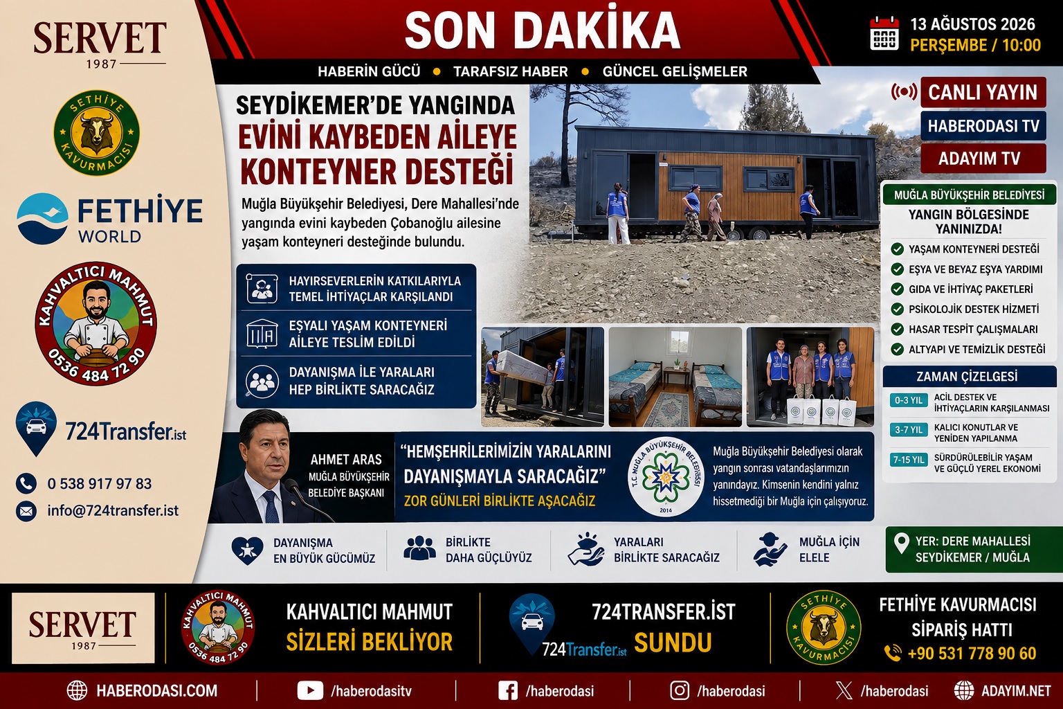 🔴 SON DAKİKA | MUGLA BUYUKSEHİR BELEDİYE VE AHMET ARASTAN SEYDİKEMER’DE YANGINDA EVİNİ KAYBEDEN AİLEYE KONTEYNER DESTEĞİ